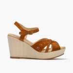 Sandalia con cuña alta en piel serraje Cuero