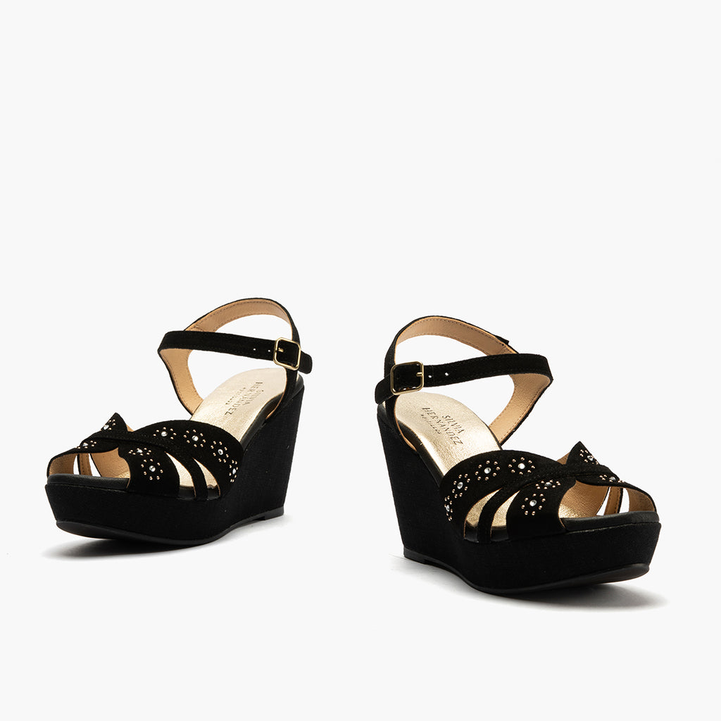 Sandalia con cuña alta en piel serraje Negro