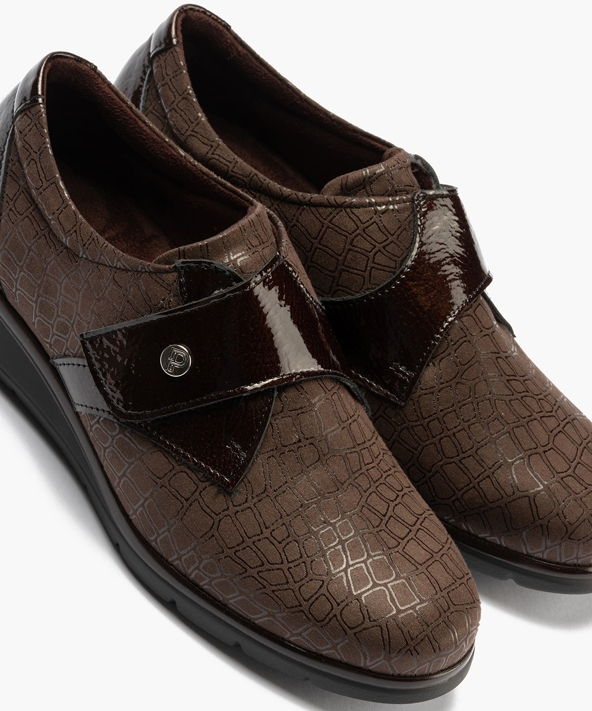 Blucher de velcro combinado lycra con charol Marrón