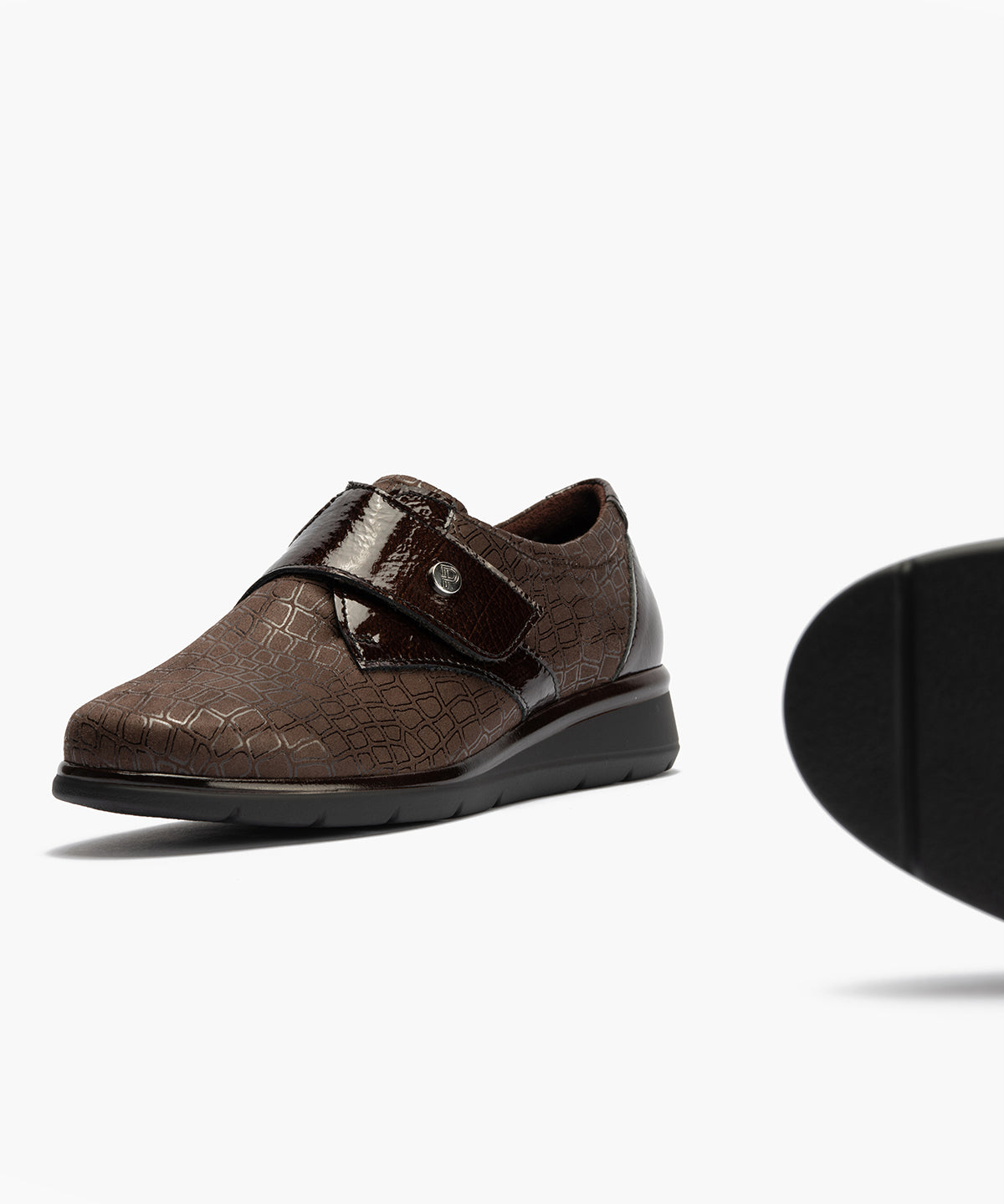 Blucher de velcro combinado lycra con charol Marrón
