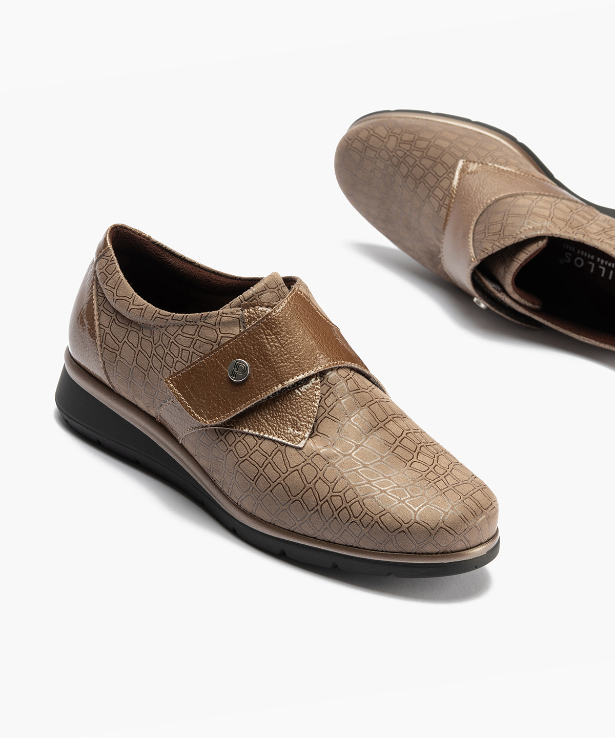 Blucher de velcro combinado lycra con charol Topo