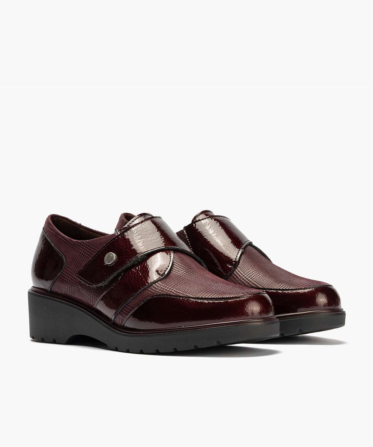 Blucher con velcro combinado charol con lycra Burdeos