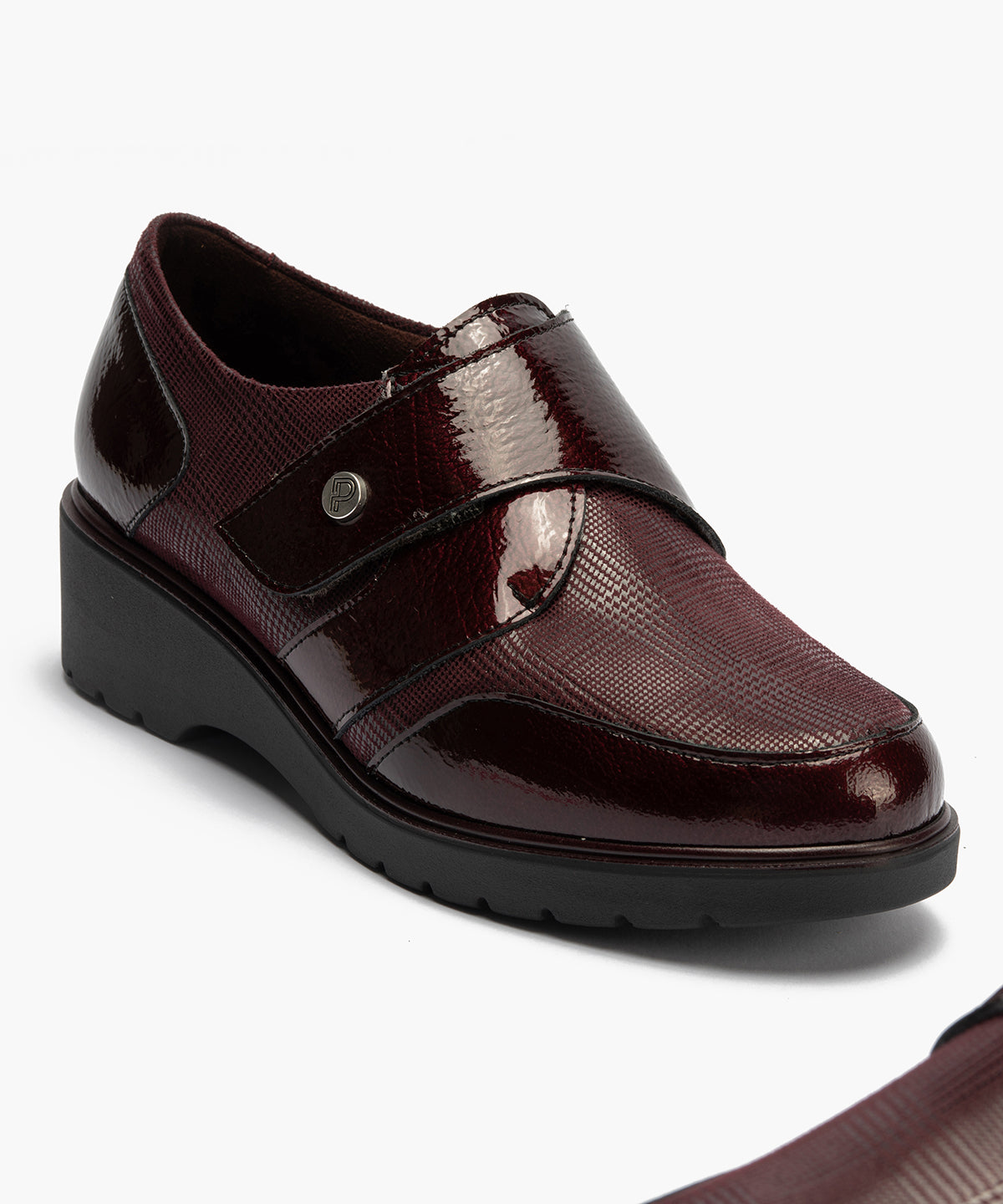 Blucher con velcro combinado charol con lycra Burdeos
