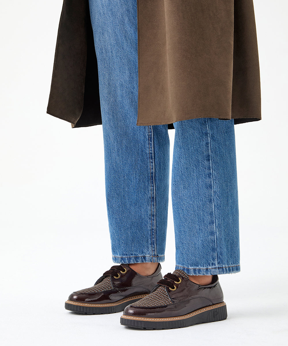 Blucher cordón terciopelo combinado charol con tejido Burdeos