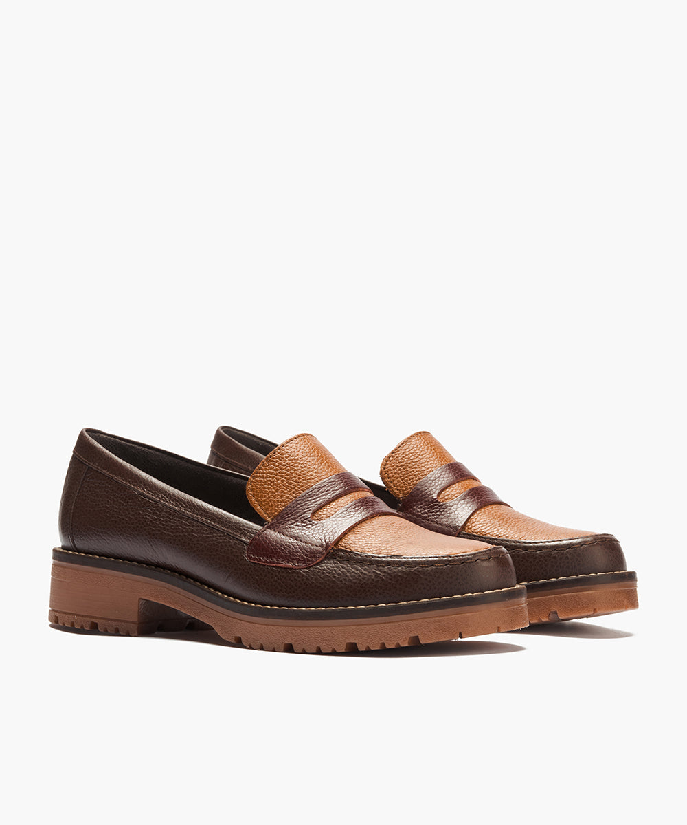 Mocasín antifaz con napa con grano combinado Marrón-Cuero-Burdeos