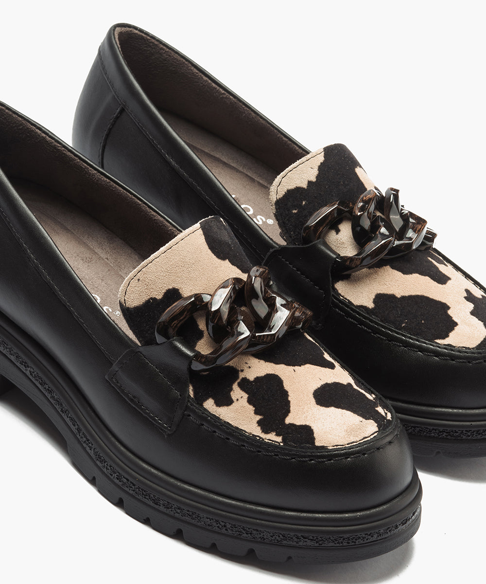 Mocasín combinado napa con animal print con adorno Negro-Beige