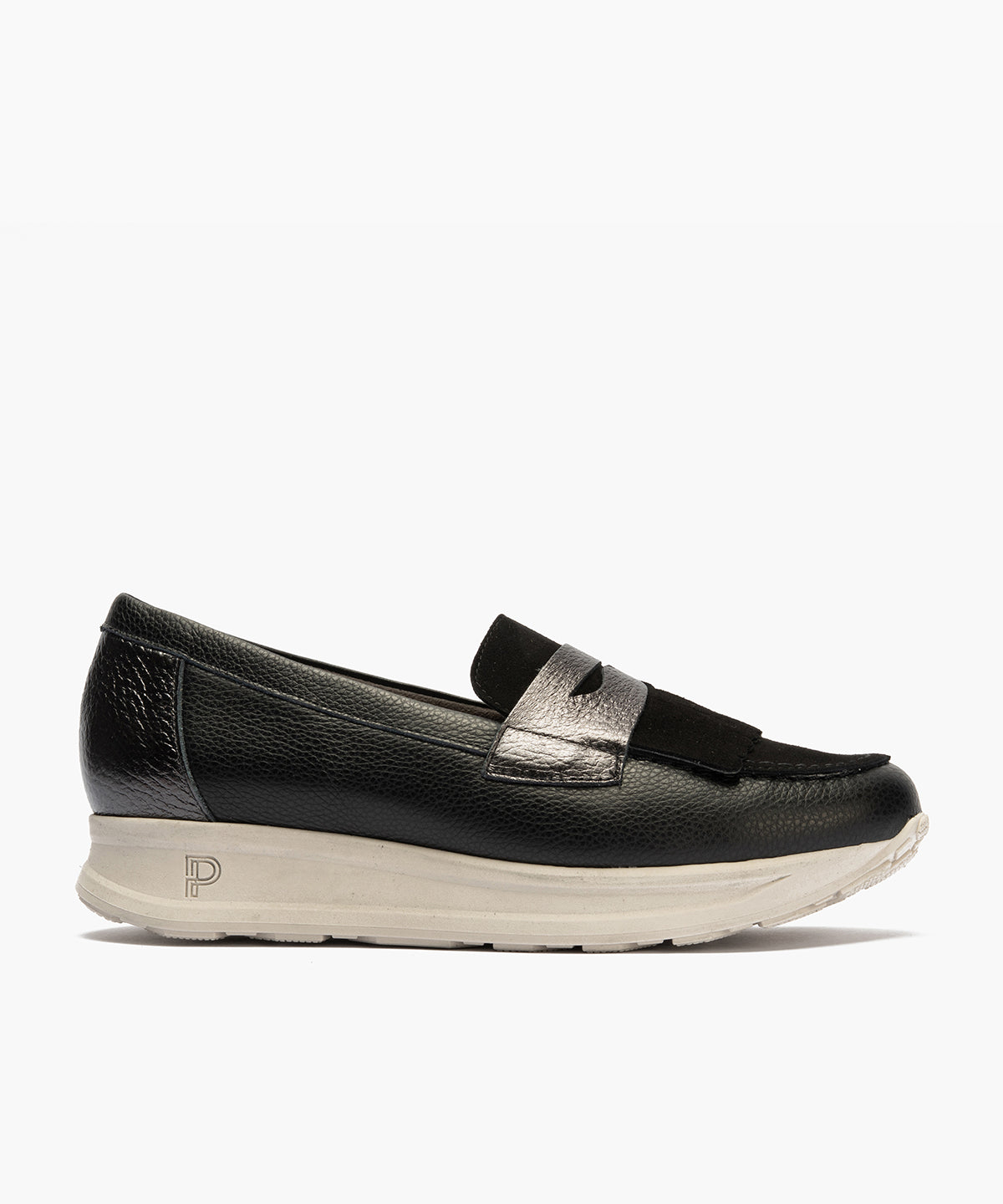Mocasín antifaz flecos combinado napa grano, ante y laminado Negro