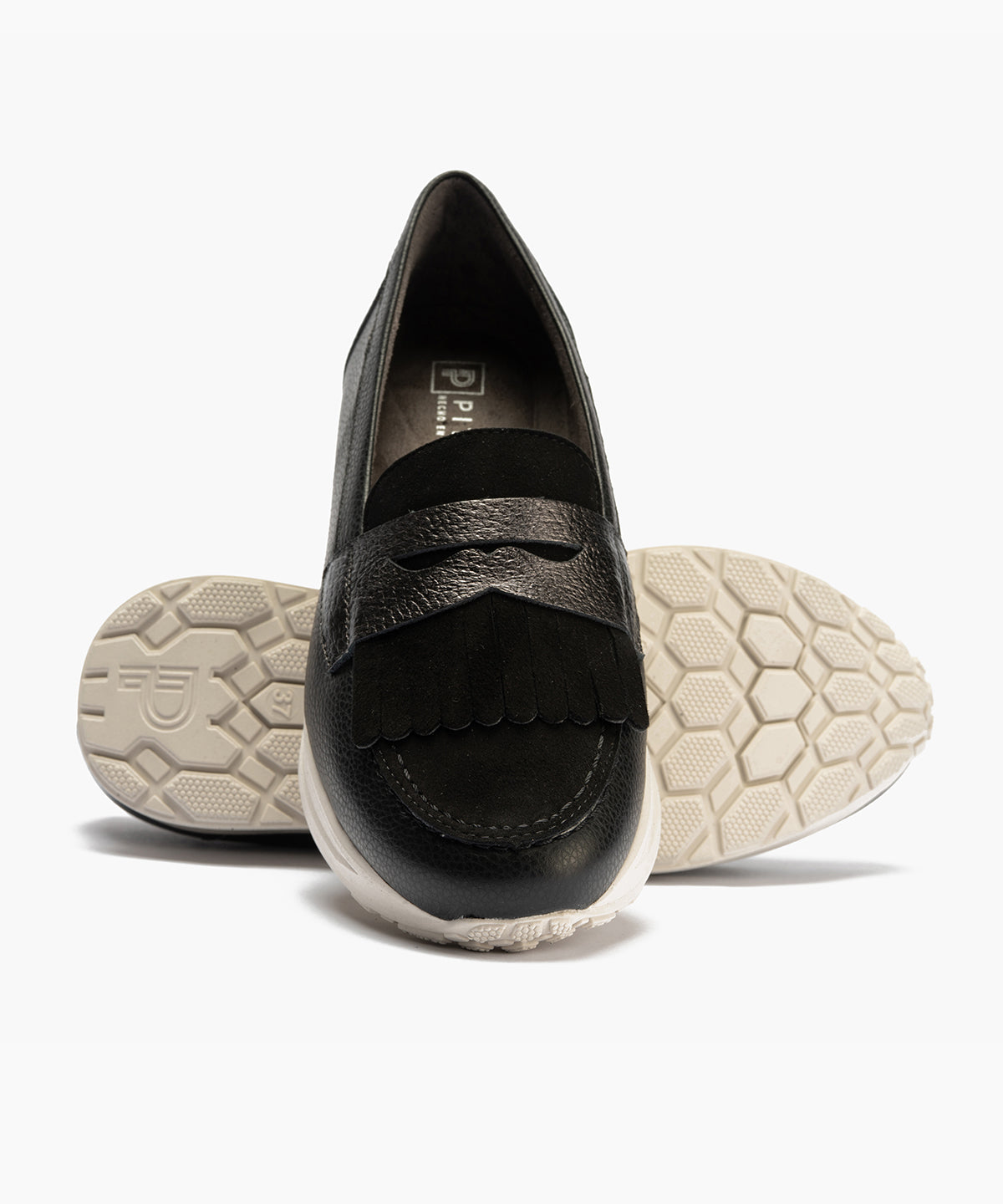 Mocasín antifaz flecos combinado napa grano, ante y laminado Negro