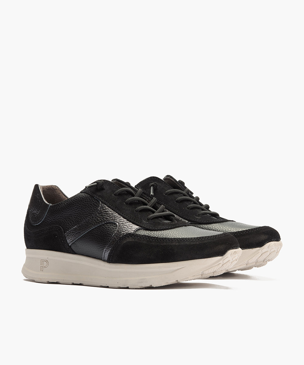 Deportivo combinado serraje, napa con grano y laminado con cordón elástico Negro