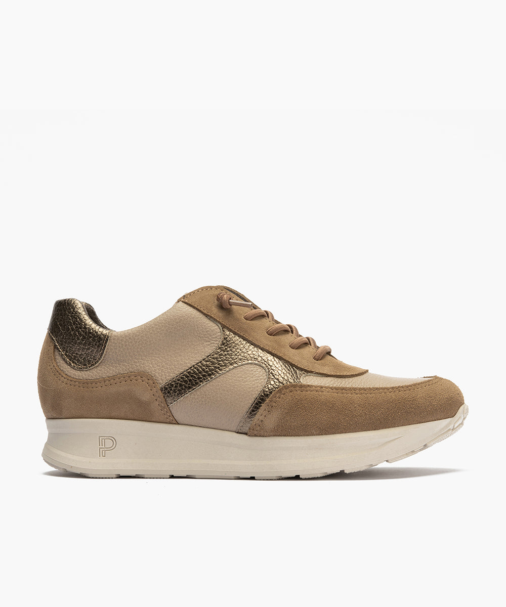 Deportivo combinado serraje, napa con grano y laminado con cordón elástico Topo