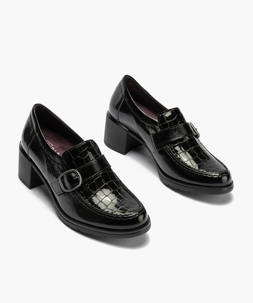 Abotinado combinado charol con charol coco detalle hebilla Negro