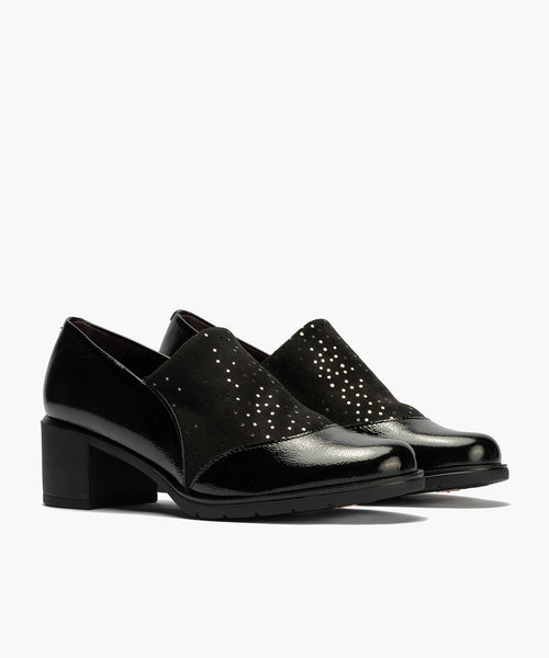 Abotinado combinado charol con lycra Negro