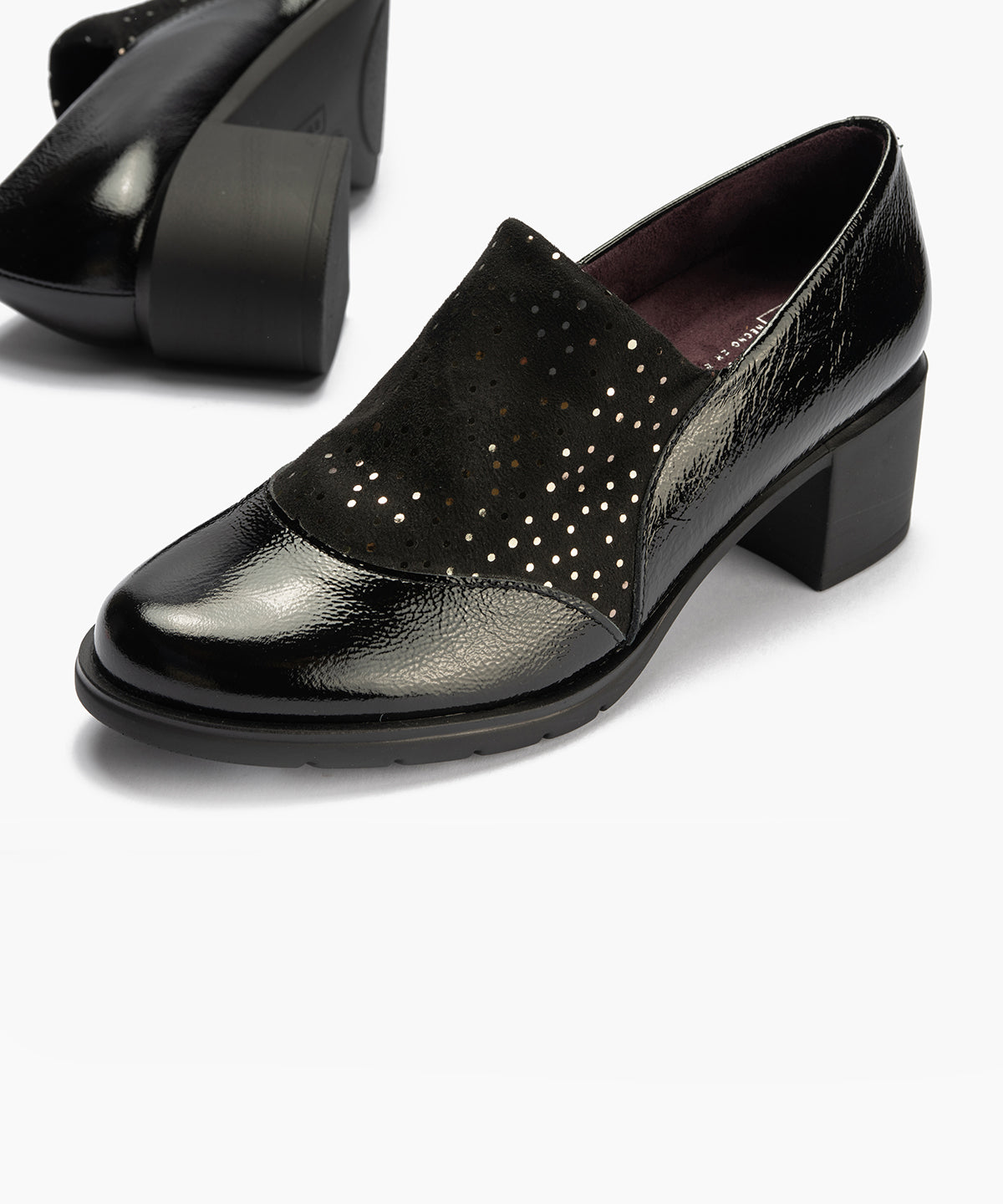 Abotinado combinado charol con lycra Negro