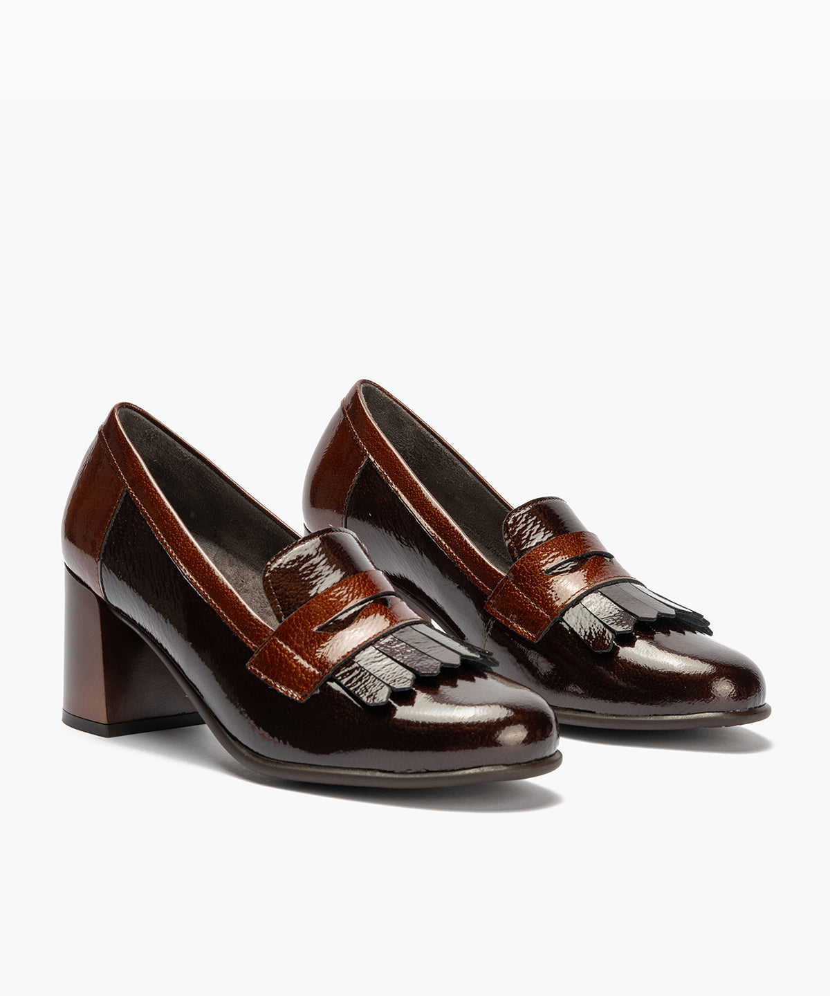 Mocasín antifaz flecos combinado charol bicolor Marrón-Cuero