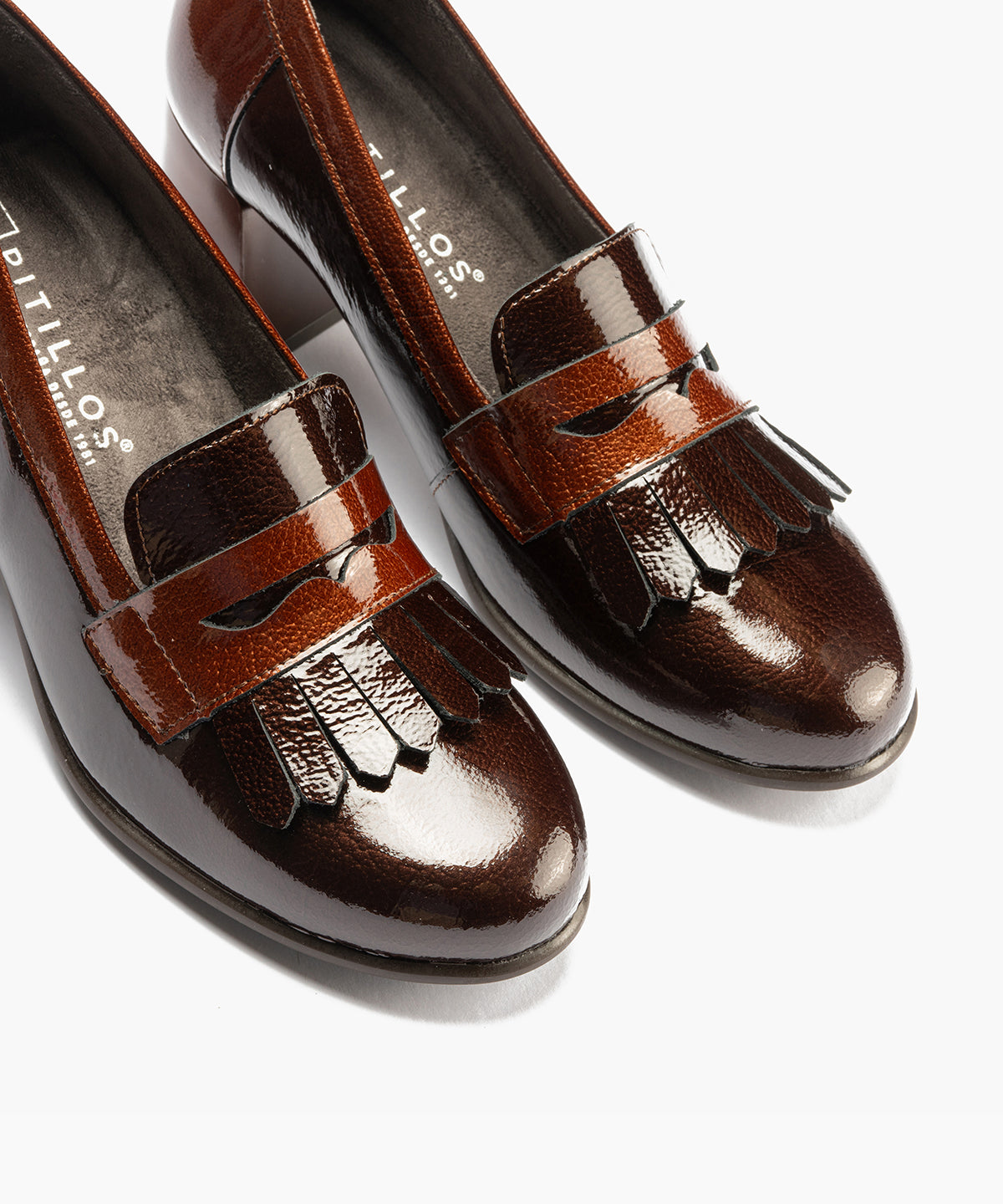 Mocasín antifaz flecos combinado charol bicolor Marrón-Cuero
