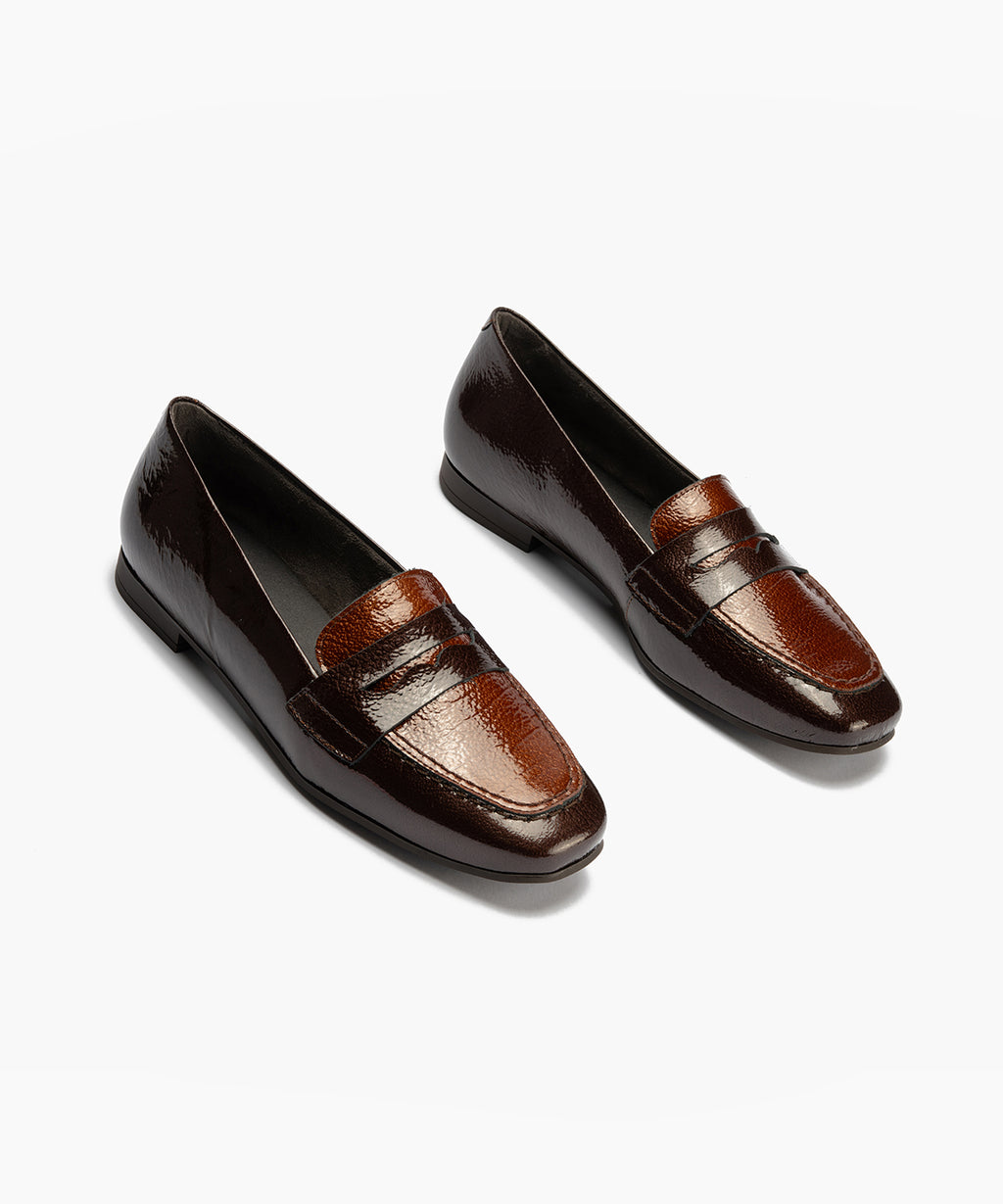 Mocasín antifaz combinado en charol bicolor Marrón-Cuero