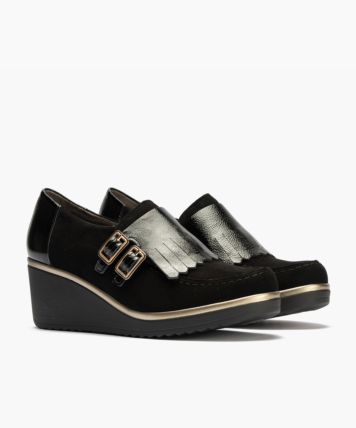 Abotinado flecos combinado ante con charol detalle doble hebilla Negro