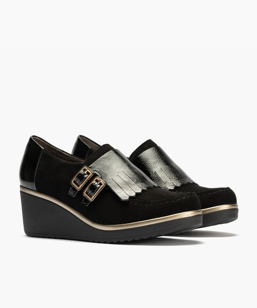 Abotinado flecos combinado ante con charol detalle doble hebilla Negro