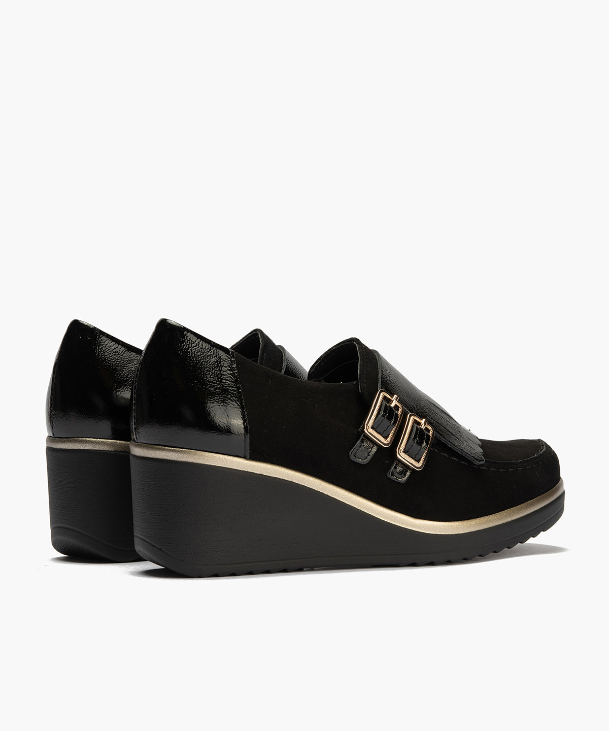 Abotinado flecos combinado ante con charol detalle doble hebilla Negro