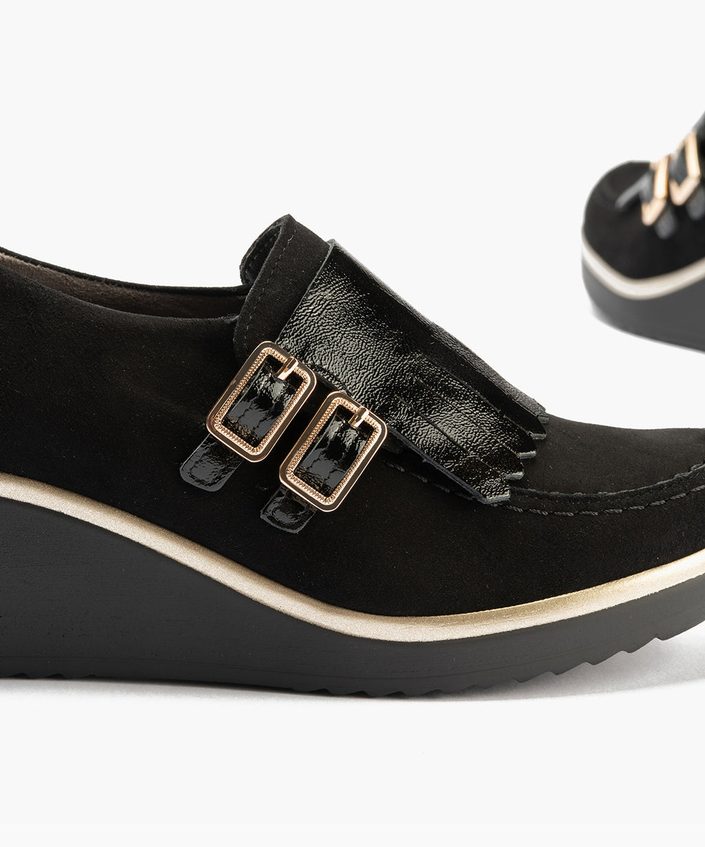 Abotinado flecos combinado ante con charol detalle doble hebilla Negro