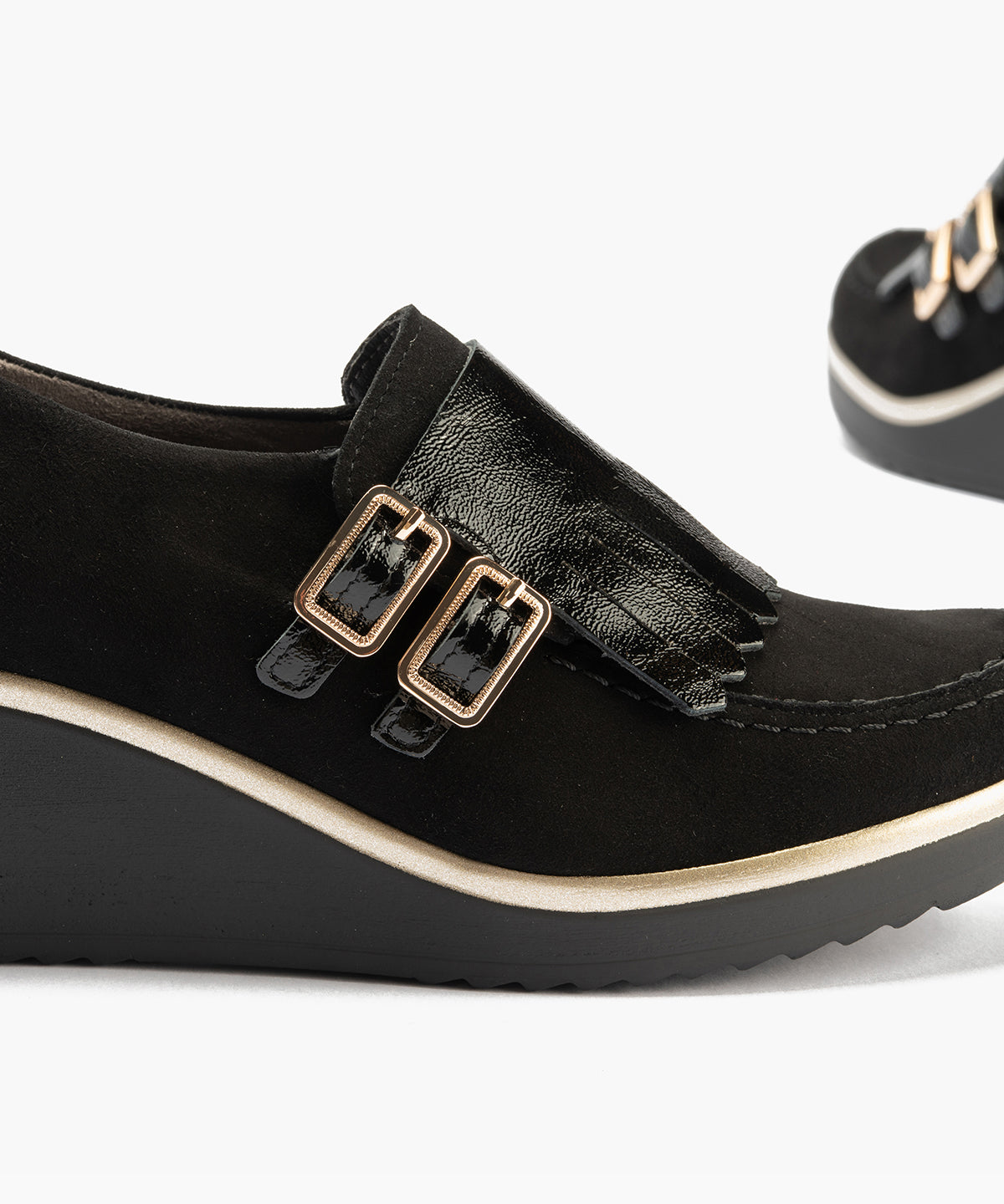 Abotinado flecos combinado ante con charol detalle doble hebilla Negro