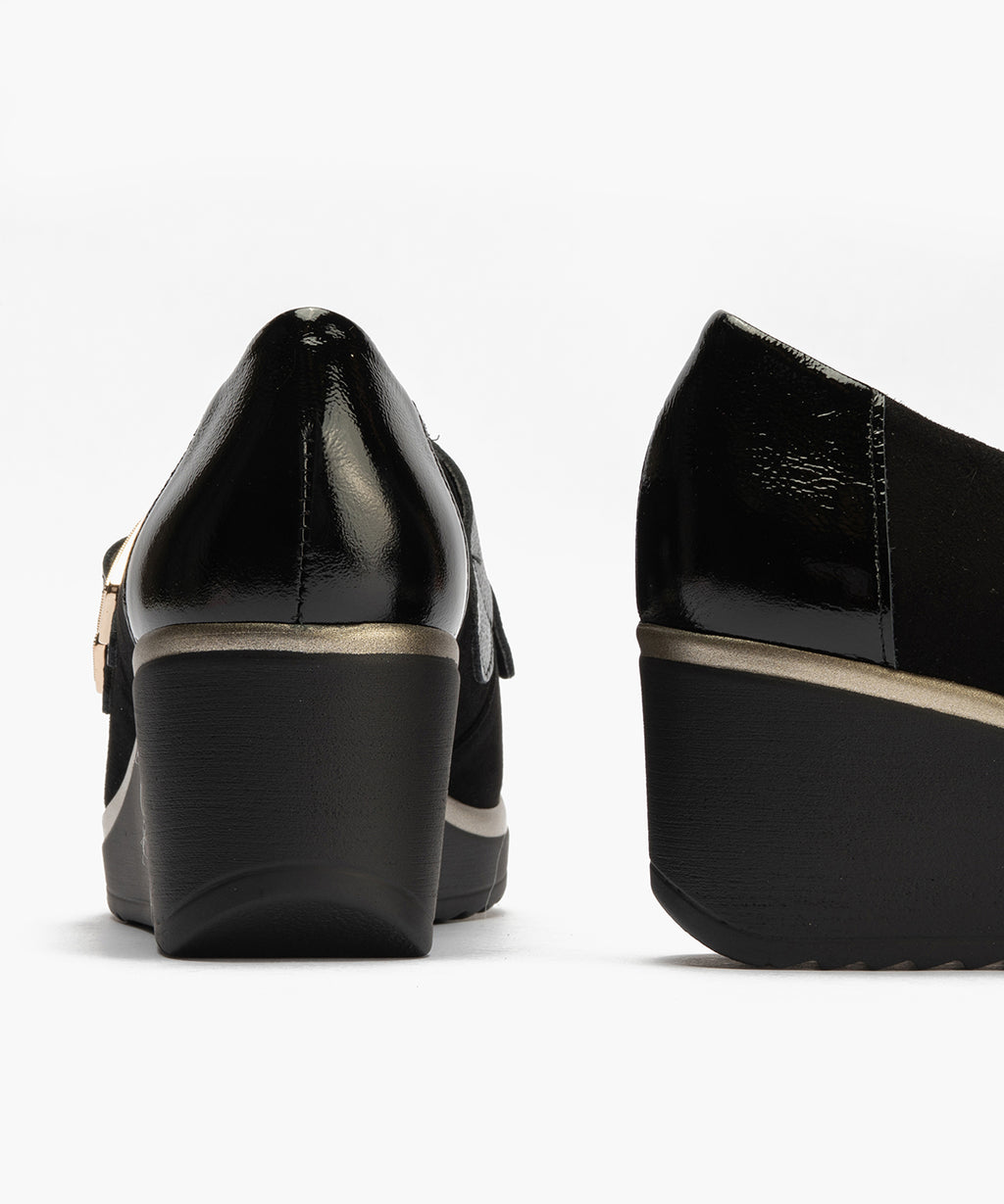 Abotinado flecos combinado ante con charol detalle doble hebilla Negro
