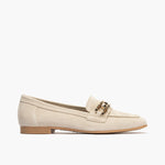 Women's moccasins in mountain with ornament and low white heel